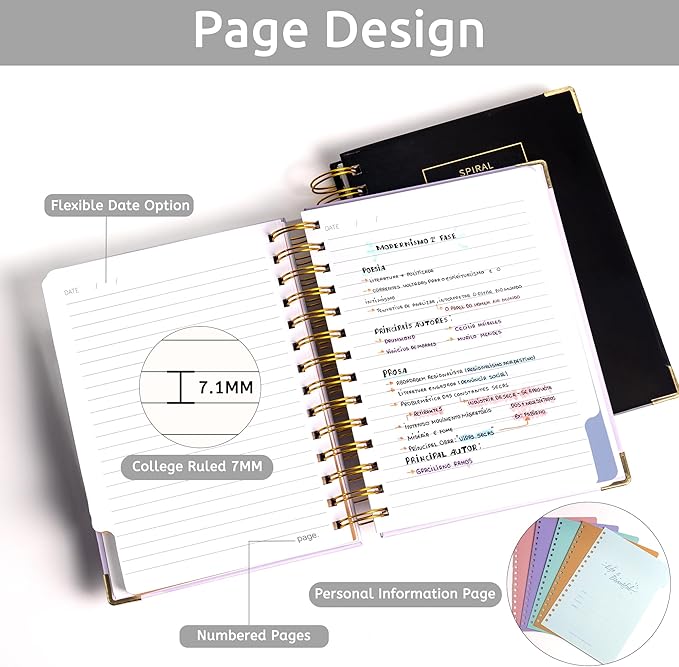 Hardcover Spiral Notebook with Tabs 6.1"x8.3" Small Spiral Lined Journals for Women Men with Dividers 200 Pages College Ruled Composition Notebook 5 Subject Notebook for Work School Gifts, Black