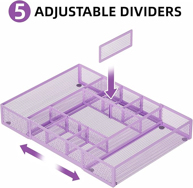 Marbrasse Expandable Desk Drawer Organizer, Mesh Drawer Organizer Tray with 10 Adjustable Compartments, Desk Organizers and Accessories for Office Supplies, Makeup & Vanity (Expandable-Purple)