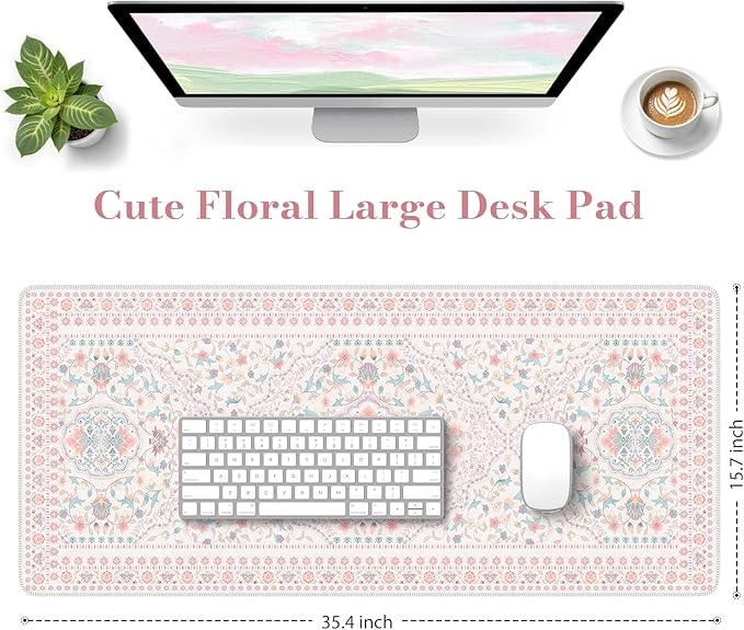 HAOCOO Pink Desk Mat, Non-Slip Office Table Mat, Aesthetic Mouse Pad with Stitched Edge, 35.4" x 15.7" Long Mouse Pad, Waterproof Dorm Desk Mat for Writing, Drawing