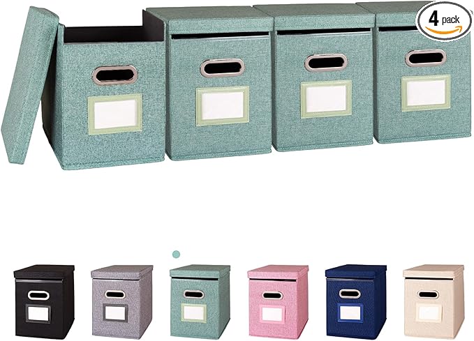 4 Pack Hanging File Folders Organizer with Lid, Letter Size Fabric File Storage Box Collapsible, Portable Office Document Holder with Metal Handle, Smooth PVC Rails, Green