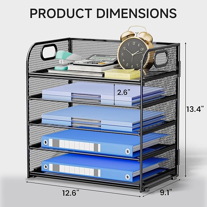 Paper Organizer for Desk Accessories & workspace 5 Tier Organizers Organizer with Handle Letter Tray Mesh Paper Sorter Desk Organizer for Office Home Supplies-Black