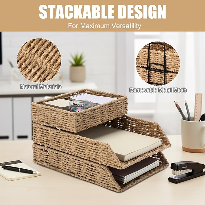 Geelin 3 Pack Woven Paper Rope Stackable Desk Organizer Letter Tray, Tabletop Desk Basket for Storage Paper Letter Folders Notebooks Copy Print, Workspace Holder, Keep Stationery Saver
