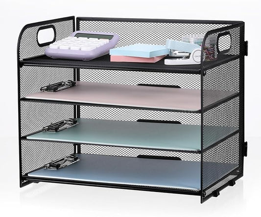 4-Tier Mesh Letter Tray Paper Organizer, Desk File Organizer with Handle - Black