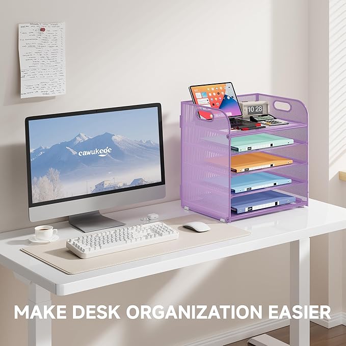 5 Tier Paper Organizer with Handle, Metal Mesh Desk Organizer File Folder Paper Letter Tray Desktop Document Sorter for Classroom, School, Office Accessories Organization and Storage - Purple