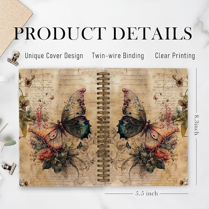 Vintage Butterfly Spiral Notebook, Butterfly Journal, Butterfly Notebook, Butterfly Notebooks for School, Butterfly Floral Office Supplies Gifts for Women Girls Coworkers, 5.5x8.3 Inch