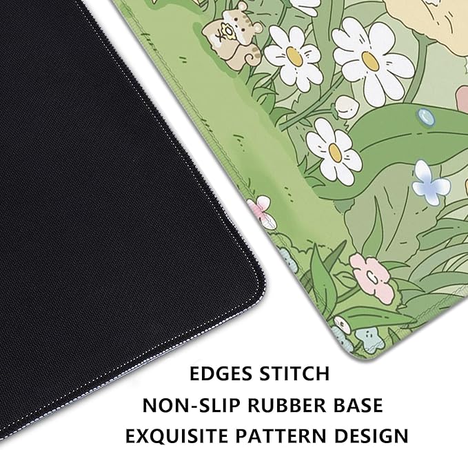 Cute Cartoon Bear Rabbit Cat and Flowers Extended Desk Pad Mouse Pad,Stitched Edges Non-Slip Rubber Base XL Mouse Mat Desk Mat for Office Home Work Floral Mousepad(27.5X11.8 Inch)