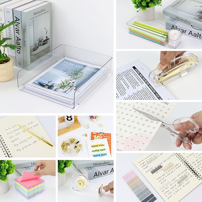 Buqoo Gold Acrylic Sticky Note Holder with 5 Pack Sticky Notes, Stapler and Tape Dispenser Cutter with Staple Remover, Scissor, Ballpoint Pen, Sticky Notes, Paper Clips, File Tray