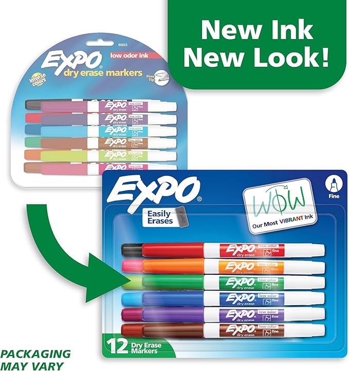 EXPO Low Odor Dry Erase Markers Fine Tip Assorted Colors 12 Count (Pack of 8)