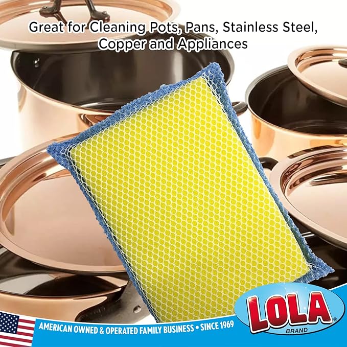 LOLA Microfiber Terry & Nylon Net Sponge Scrubber Pad, 6 Pack, Non Scratch 2-Way Cleaning, Gently Scrubs & Wipes Clean