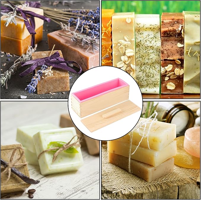 ZOENHOU Pack of 2 42 oz Pink Soap Molds, Flexible Rectangular Silicone Soap Making Molds Kit with Wood Box DIY Tool Set for Soap Making Supplies