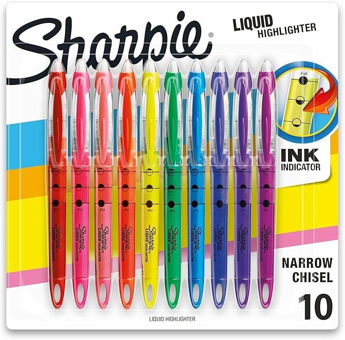 Sharpie Liquid Highlighters, Chisel Tip, Assorted Colors, 10 Count - Journaling, School, Study Supplies