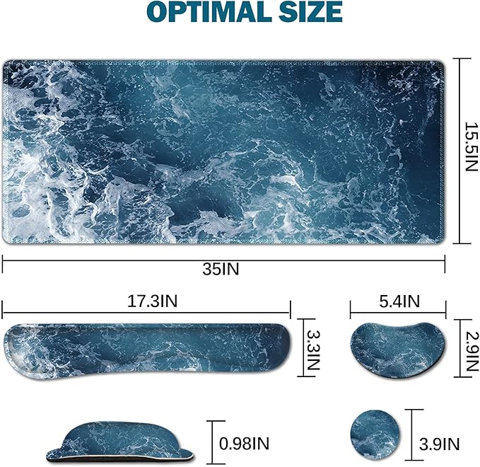 ARTSO Gaming Mouse Pad Extended, Keyboard Wrist Rest Pad & Wrist Support Abstract Mousepad Set, Non-Slip Base, Memory Foam Desk Mat, Ocean Waves