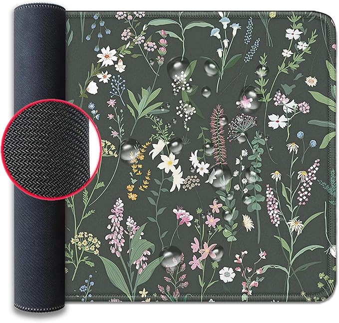 Green Plant Floral Mouse Pad,Large Flowers Mousepad Desk Pad with Stitched Edges,Non-Slip Waterproof Rubber Base Mouse Mat for Office Computer Keyboard Laptop Home(27.5x11.8 in)