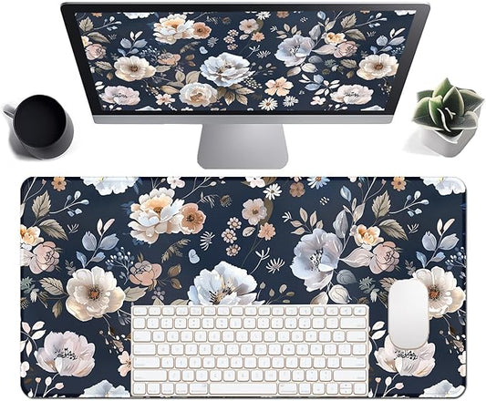 Floral Large Desk Mat 31.5 x 15.7 inch, Waterproof Extended Gaming Mousepad XXL, Aesthetic Flowers Desktop Mat, Non-Slip Keyboard and Laptop Pad, Computer Writing Mat for Home Office Accessories