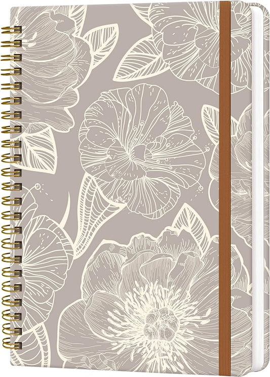 Spiral Journal Notebook for Women, Hardcover A5 College Ruled Notebook, 120 Pages, Thick Paper, Cute Lined Journal for School, Office & Work, 6 x 8.4 in(Gray Flower)
