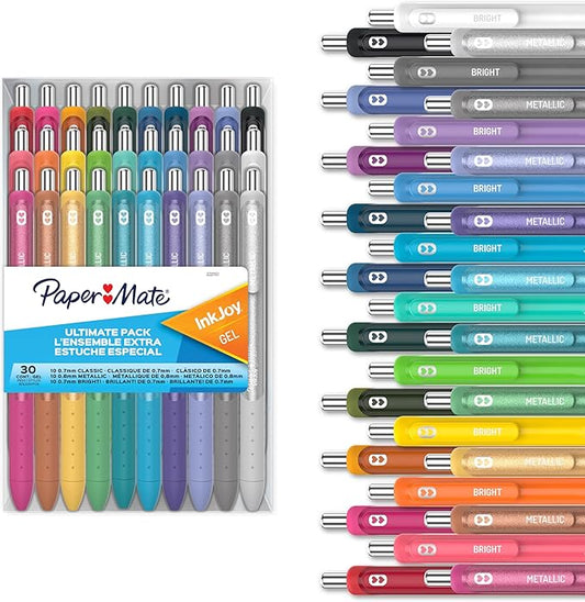 Paper Mate InkJoy Gel Pens Ultimate Pack, Retractable Pens, Featuring Classic, Bright!, and Metallic Pens, Assorted, 30 Count