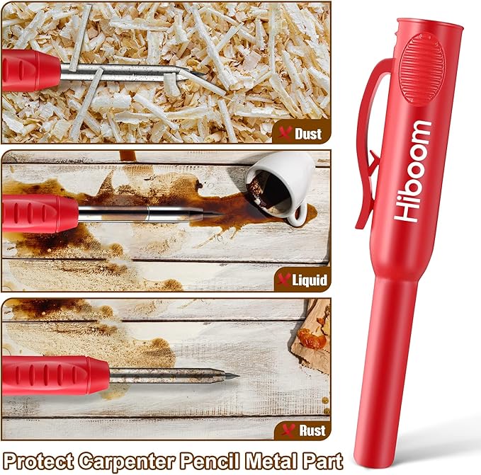 Hiboom 2 Pack Solid Carpenter Pencils with Pencil Cap and 18 Refills, Long Nose Deep Hole Mechanical Pencil Marker, Scribe Tool with Built-in Sharpener for Construction Woodworking Architect (Red)