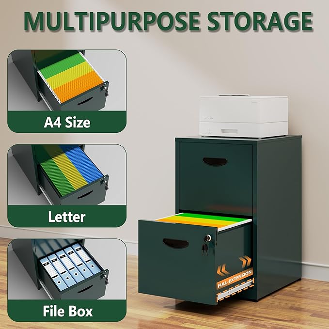 2 Drawer File Cabinet with Lock, Office File Cabinet with Drawers for Under Desk, Small Filling Cabinet for Home Office, Green, Assembly Required