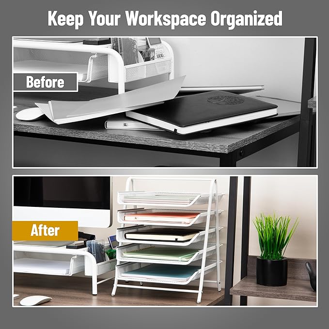 Mind Reader 5-Tier Paper Tray Organizer, Vertical Desktop File Storage Rack, Office, Metal Mesh, White