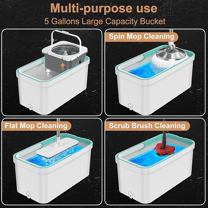 Spin Mop and Bucket Set Non-Tilting 5-Gallon Mop Bucket with Wringer Mops for Floor Cleaning + Extra 6PC Mop Heads, Detachable Splash Guard Spin Basket, Extendable Silent Telescopic Handle