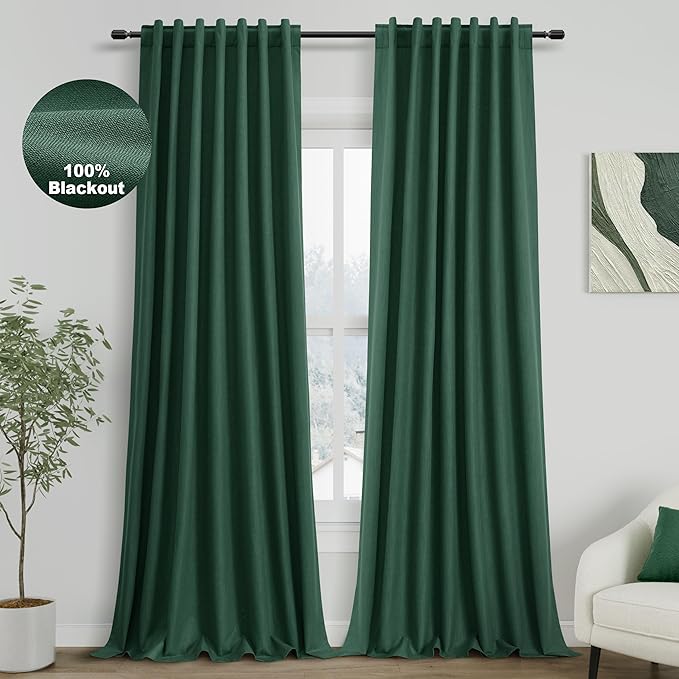 Green Linen 100% Black Out Curtains 108 Inches Long 2 Panels Set for Bedroom Boho Farmhouse Back Tab Thermal Insulated Energy Efficient Room Darkening Curtains Living Room High Ceiling Length 9 FT