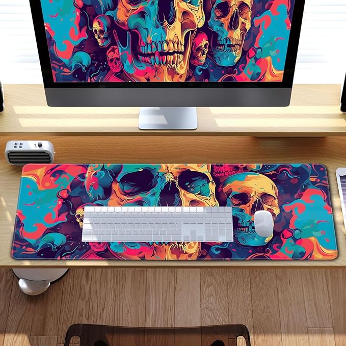Desk Mat Psychedelic Desk Accessories Skulls Extended Gaming Mouse Desk Pad Decorations for Office Keyboard Mousepad Mat31.5x11.8in, Stitched Edge Non-Slip Bottom Large Mouse Pad