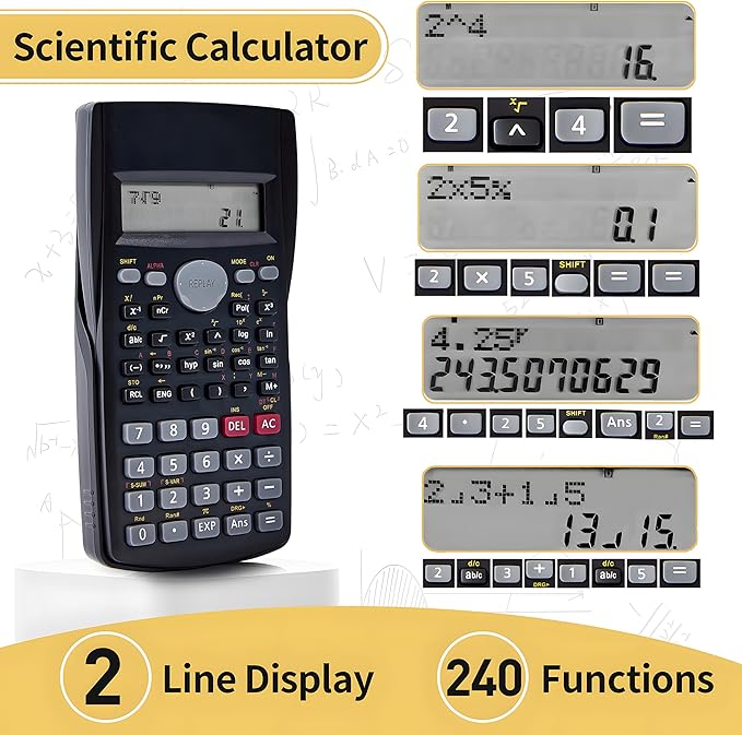 Scientific Calculator 2 Pack,2-Line Clear Display 240 Functions Basic Calculator AAA Battery Operated for Math Algebra Fraction Non Graphing Auto Shut-Off Calculator for Students&Business,Black