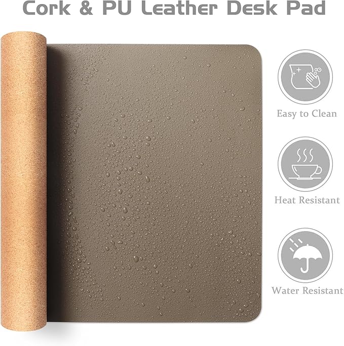 Aothia Dual-Sided Desk Pad - Leather Desk Mat, Natural Cork Desk Pad Protector, Large Mouse Pad for Desk, Waterproof Desk Blotter Pad, Desk Writing Pad for Office Work/Home, Coffee (37.8"x17")