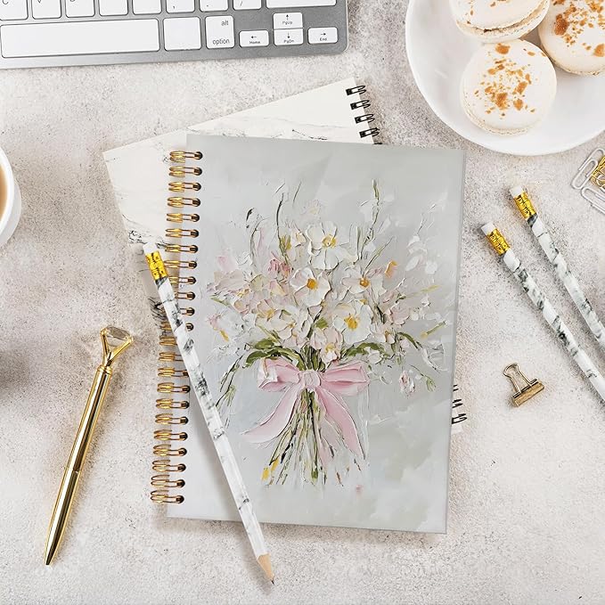 Pink Bow Floral Journal for Women Girls, Preppy Pretty Trendy Notebook, Girl School Supplies for Notes, Writing & Gifts, Floral Coquette Aesthetic Spiral Notebook, A5 Size 5.5x8.3