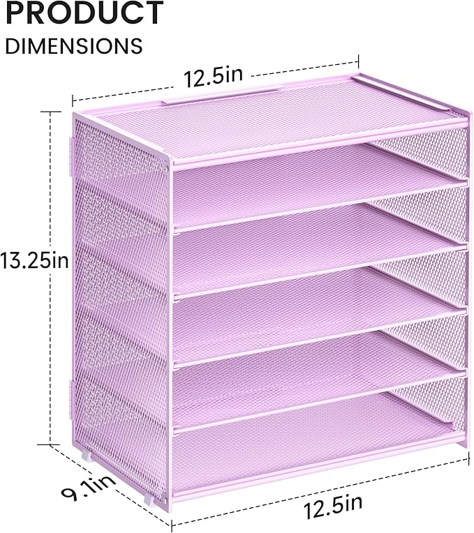 6 Tier Paper Organizer, Metal Mesh Desk File Folder, Letter Tray Organizer, Paper Sorter Desk Organizers for Office, Home or School File Folder Holder - Purple