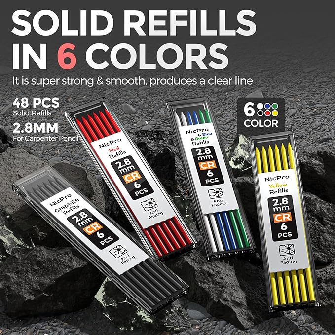 Nicpro 4 Pack Carpenter Pencils with Sharpener, Construction Mechanical Pencil Set with 52 Refills, Heavy Duty Working Tools, Long Nib Marker Pens for Architect Marking (Red, Black, Yellow, Green)