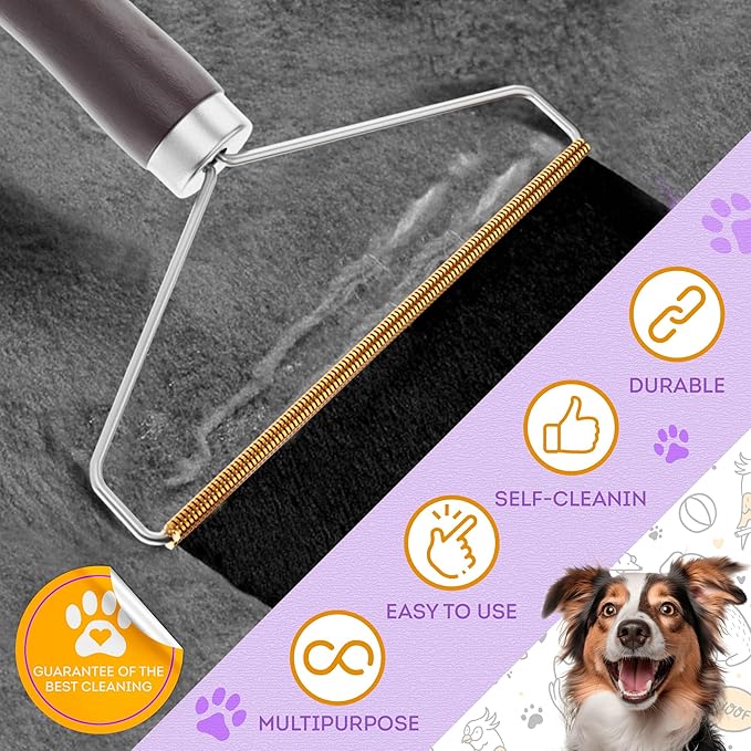 PUREVACY Pet Hair Remover for Furniture. Cat and Dog Fur Remover Tool. Reusable Lint Cleaner with Copper Teeth-Cutters and Wooden Handle. Metal Pet Hair Removal Tool for Carpet. Portable Couch Cleaner