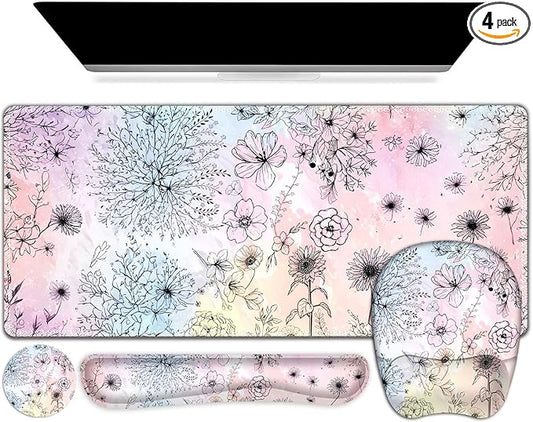 Large Mouse Pad, Keyboard Wrist Rest Set, Ergonomic Mouse Pad with Wrist Support, Desk Mat with Stitched Edges Extended Desk Pad Waterproof Desk Mat for Home Office Game I Dandelion & Sunflower