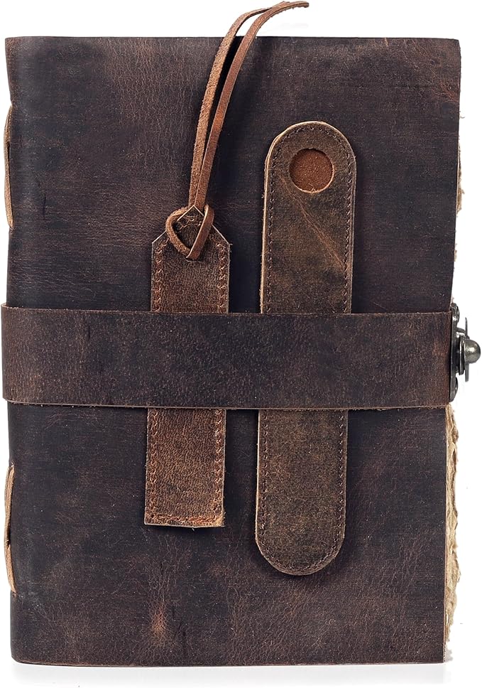 HLC Leather Journal, 200 Pages of Antique Deckle Edges Handmade Paper Vintage Journals for Men & Women, Vintage Lock Closure Rustic Brown Leather Gifts with Pen Holder (10" X 7" inches)
