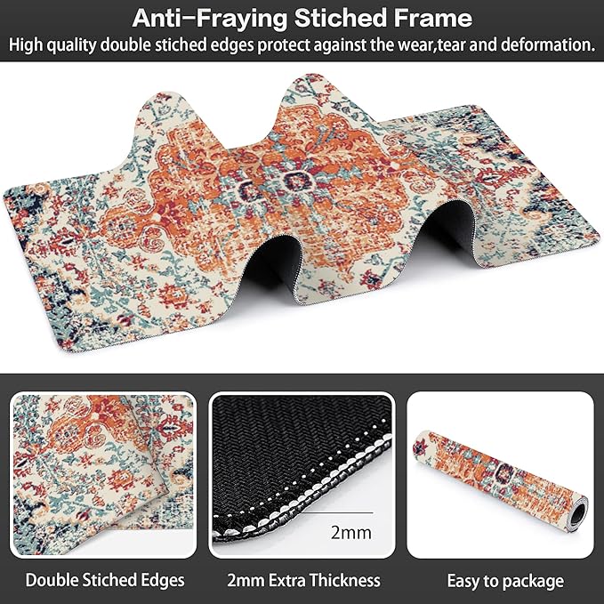 Large Gaming Mouse Pad for Desk, Boho Style Design Carpet Desk Mat for Desktop, Non-Slip Rubber Base Stitched Edges Long Computer Keyboard Mouse Mat Desk Pad for Home Office Gaming 35.4"X15.7"
