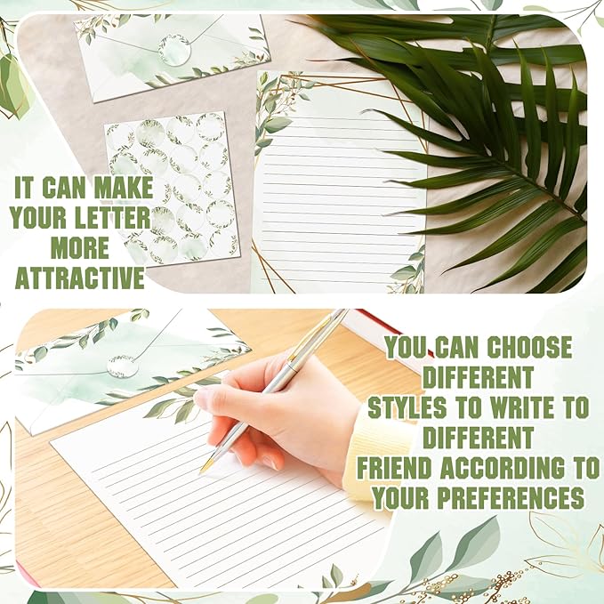 TaoBary 160 Pcs Stationery Paper Set 50 Double Sided Stationery Papers with 50 Matching Envelopes and 60 Round Dot Sticker, 10 Design(Green Leaves,8.5 x 11 Inch)
