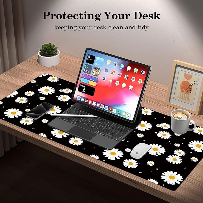 White Daisy Daisy Pad Protector, Stitched Edges Mouse Pad, Large Office Mat, Non-Slip Desk Blotter, Laptop Desk Pad, Flower Writing Pad for Office and Home (31.5" x 15.7")