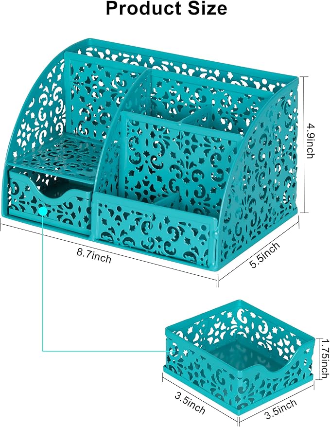 EasyPAG Desk Organizer with Sliding Drawer - 6 Compartments Metal Desktop Caddy, Decorative Elegant Hollow Flower Design, Anti-Scratch Pads for Home, Office, School, Dark Teal