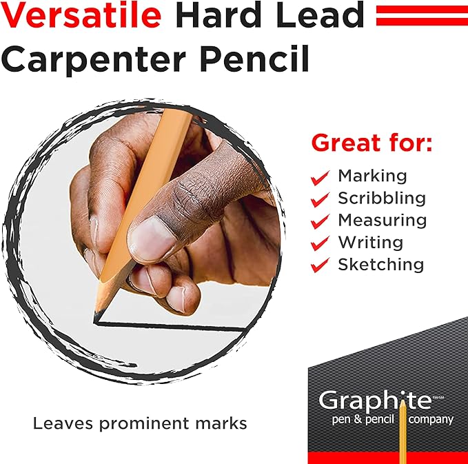 GRAPHITE Hard Lead Carpenter Pencils Bulk - (1) Pack of 12 Pieces Lumber Wooden Pencil #2 (HB) - Yellow