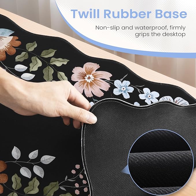 HAOCOO Desk Mat for Keyboard and Mouse, Large Scalloped Desktop Mat, Floral Mouse Pad for Desk, Washable Computer Desk Mat with Edge Stitching, Non-Slip Large Mouse Pad for Office, Home(Black)