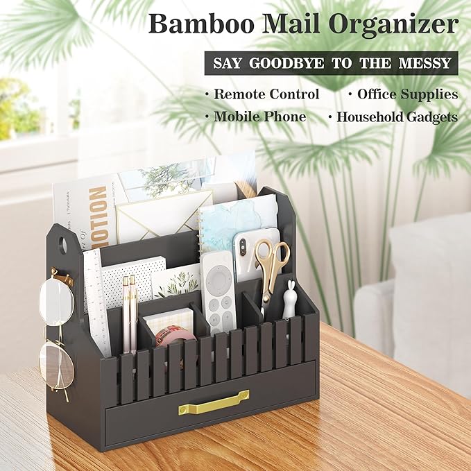Bamboo Mail Organizer Countertop with Drawers, Wood Desk File Organizer Desktop Paper Organization Storage Bill & Letter Sorter Holder for School Home Office Supplies, No Assembly Required (Black)