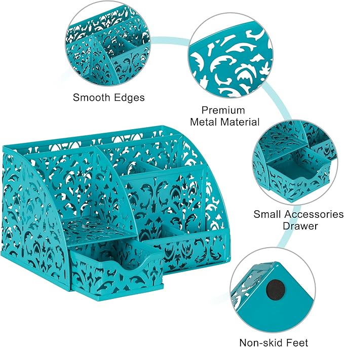 EasyPAG Pen Holder Desk Organizer with Drawer Pencil Cup for Desk 6 Compartments Metal Office Caddy Storage with Sticky Notes Holder for School Home Office, Dark Teal