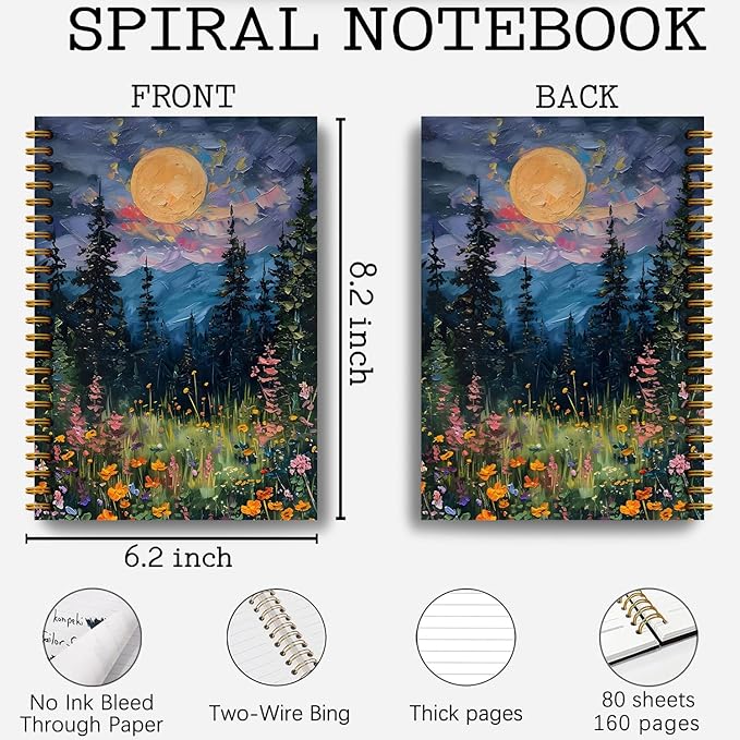Moon Journal Notebook, Mystical Midnight Full Moon Wildflowers Floral Notebook Journal, Aesthetic Notebook, Journal Notebooks for Note Taking, Spiral Notebook 5.5x8.3 Inch