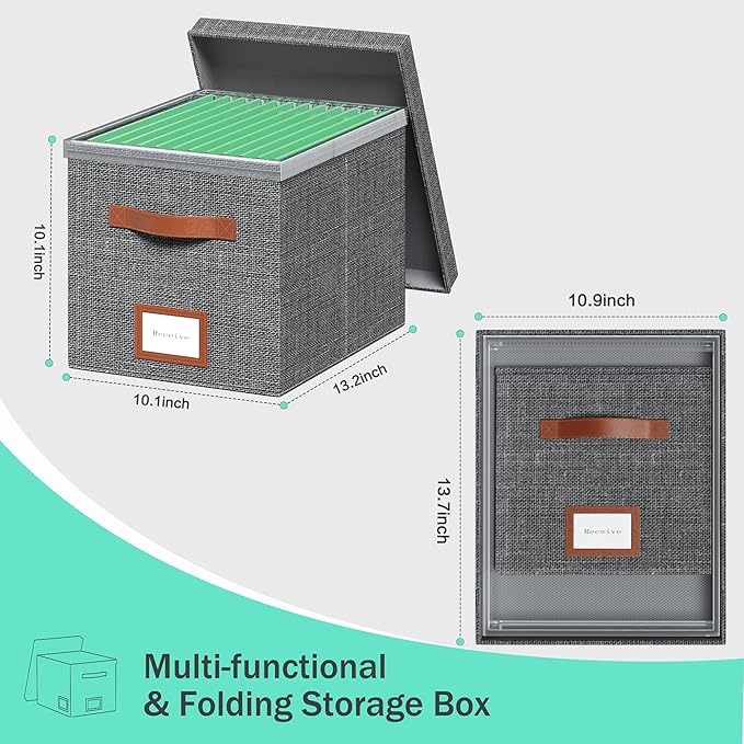 File Box for Hanging, File Organizer Box with Lid Decorative File Folders Letter Size Organizer with One-Piece Integrated Plastic Slide Rail (Grey, 13.2x10.1x10.1inch(2pack))