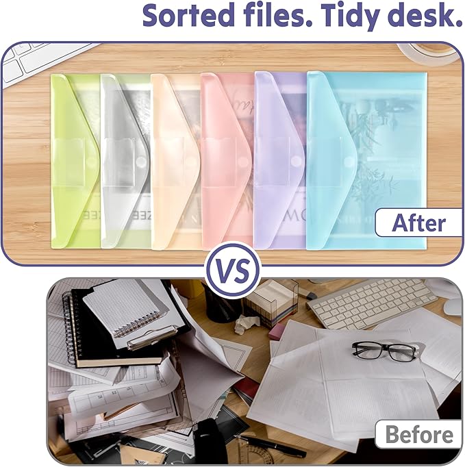 SUNEE 24 Pack Plastic Envelopes, Folders for Document for A4 Letter Size, Poly File Folders with Label Pockets for School Home Office Organizer Work Supplies, 6 Colors