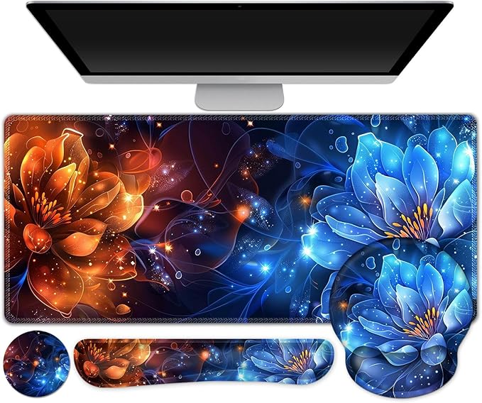 AIMSA Desk Mat Set, Large Gaming Mouse Pad with Wrist Rest, Ergonomic Mouse Pad and Keyboard Mat Wrist Support for Home Office Desk Accessories Decor -Fire and Ice Flower
