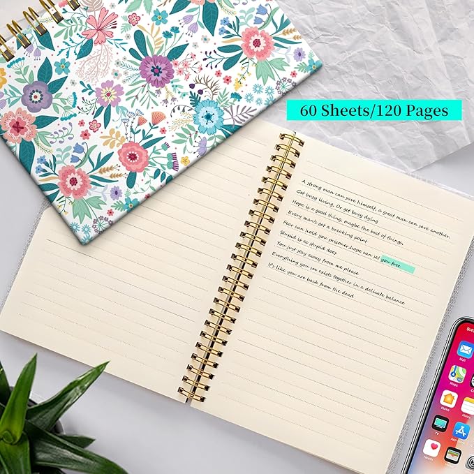 Spiral Notebook Journal for Women Men, A5 Hardcover Journal, 120 Pages Thick Paper, College Ruled Writing Notebook for School, Work & Office 8.3'' × 5.9''(Colorful Spring Flowers)
