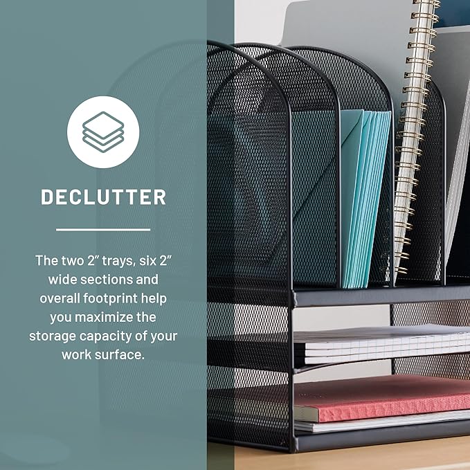 Safco Onyx Desk Organizer, 6 Vertical Compartments and 2 Trays, Office and Classroom Mailbox , Paper and Mail Sorter, Steel Mesh, Black