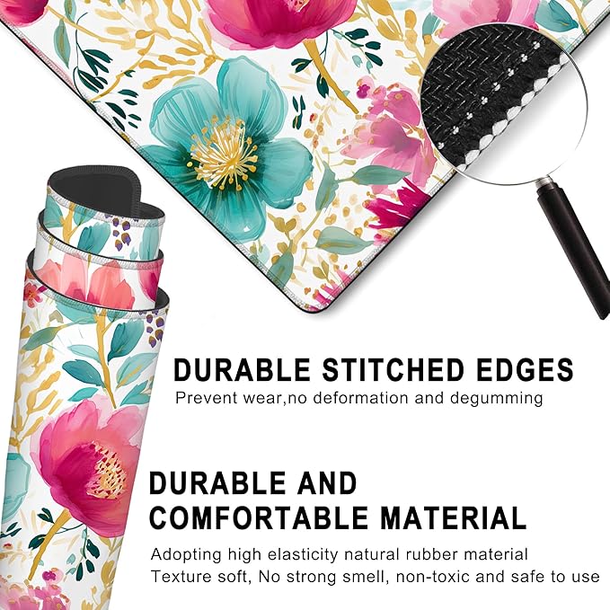 Gaming Mouse Pad, Watercolor Pink and Teal Flowers Floral Large Desk Mat for Keyboard and Mouse,Non-Slip Rubber Base and Stitched Edges Desk Pad for Home Office 35.4x15.7in