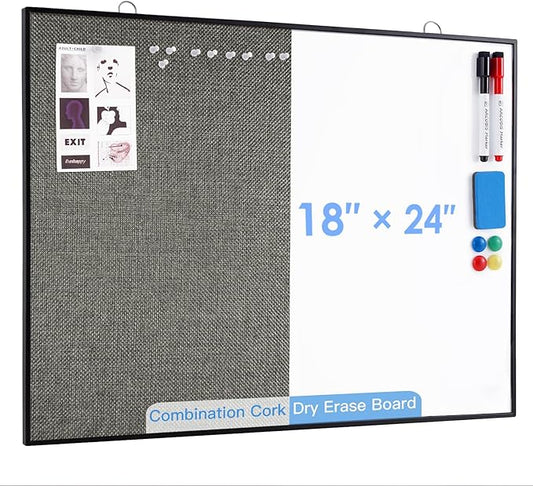 ARCOBIS Cork Board White Board Combo, 24"X18" Linen Bulletin Board Whiteboard for Wall, Double-Sided Magnetic Dry Erase Corkboard for Home, Office, School, Grey